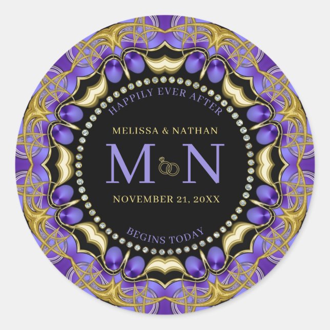 Monogram Purple Gold Diamond Lace Unique Wedding  Classic Round Sticker (Front)