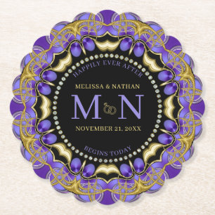 Monogram Purple Gold Diamond Lace Unique Wedding  Paper Coaster