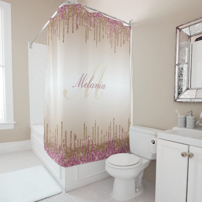 monogram purple gold dripping glitter shower curtain (In Situ)