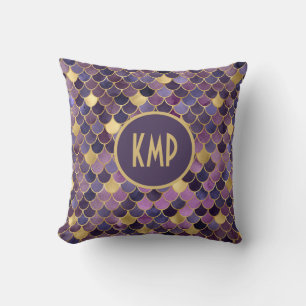 Monogram Purple Gold Mermaid Scales Trendy  Cushion