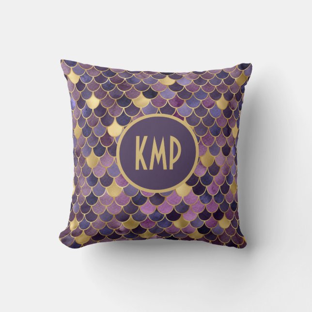 Monogram Purple Gold Mermaid Scales Trendy  Cushion (Front)
