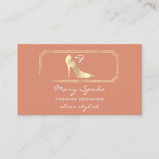 Monogram Purple Golden Frame Shoes Heels Coral QR  Business Card (Front)