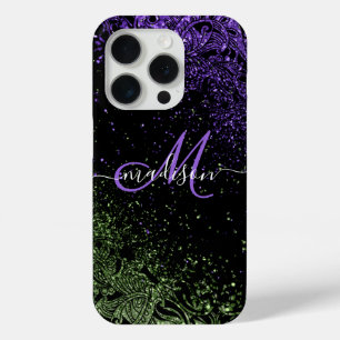 Monogram Purple & Green Glitter iPhone 15 Pro Case