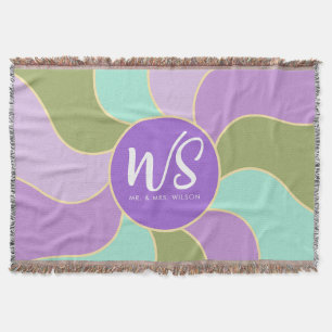 Monogram Purple Green Retro Sun Waves Throw Blanket