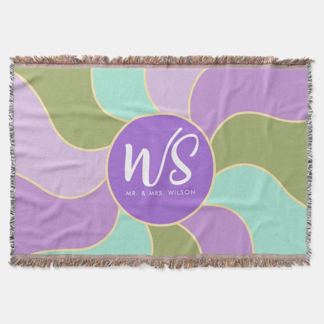 Monogram Purple Green Retro Sun Waves Throw Blanket (Front)