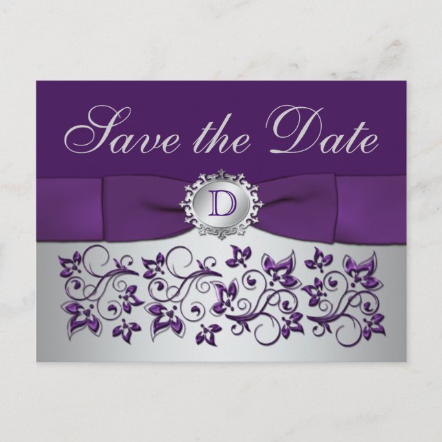 Monogram Purple Grey Floral Save the Date Postcard (Front)
