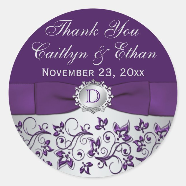 Monogram Purple Grey Floral Wedding Favour Sticker (Front)