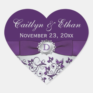 Monogram Purple Grey Floral Wedding Favour Sticker
