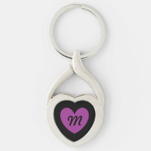 Monogram Purple heart on black Key Ring