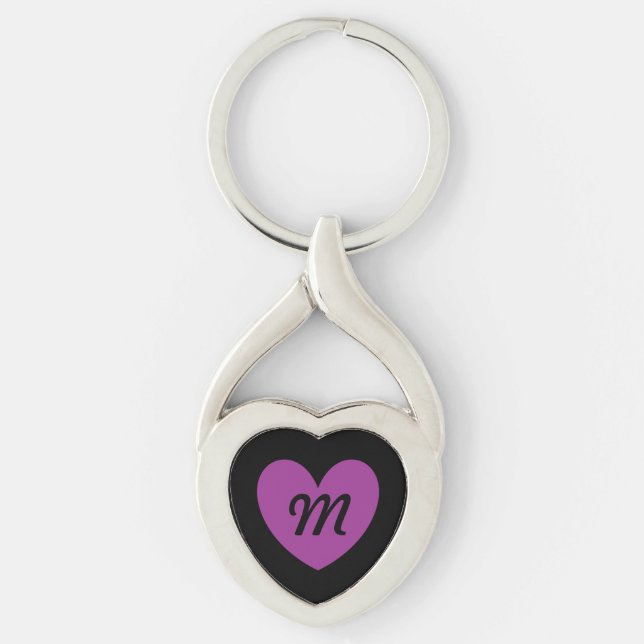 Monogram Purple heart on black Key Ring (Front)