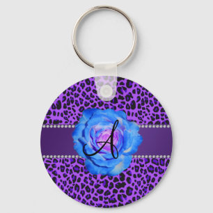 Monogram purple leopard blue rose key ring