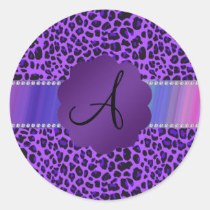 Monogram purple leopard pattern classic round sticker
