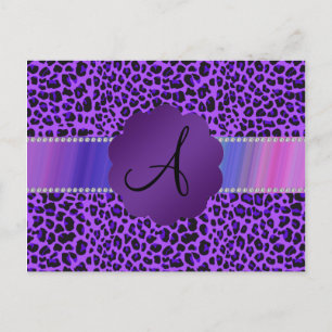 Monogram purple leopard pattern postcard