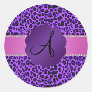 Monogram purple leopard print classic round sticker