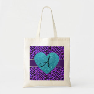 Monogram purple leopard turquoise heart tote bag