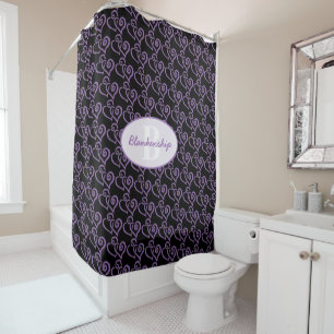 Monogram Purple Linked Heart Pattern Over Black Shower Curtain