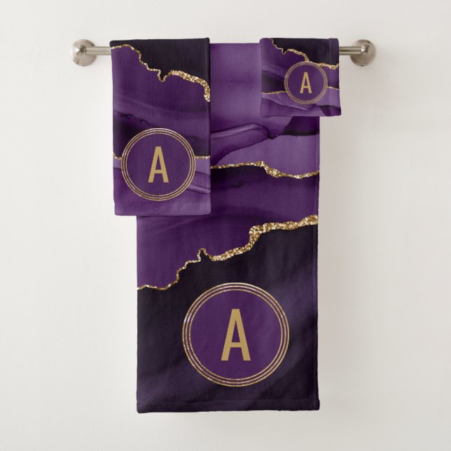Monogram Purple Marble Agate Gold Glitter Bath Towel Set (Insitu)
