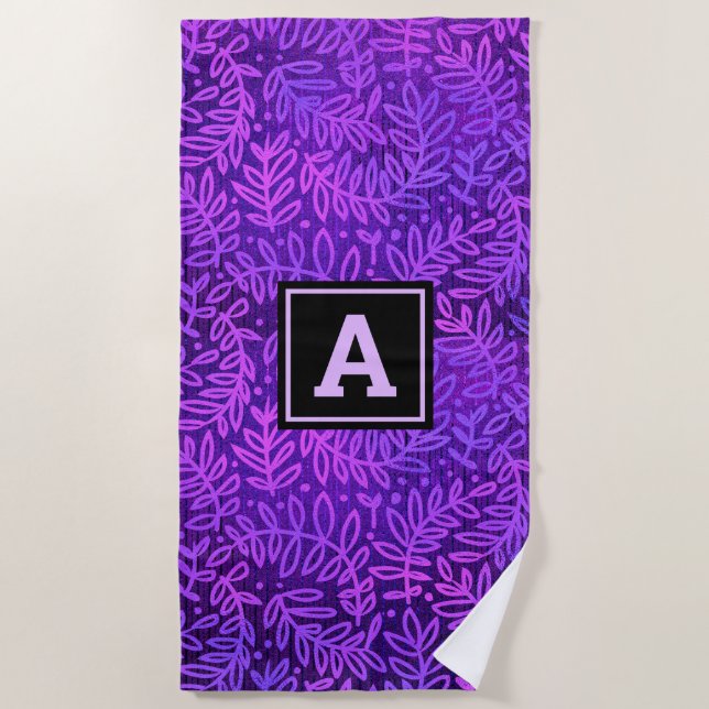 Monogram purple ombre leaf pattern modern bold beach towel (Front)