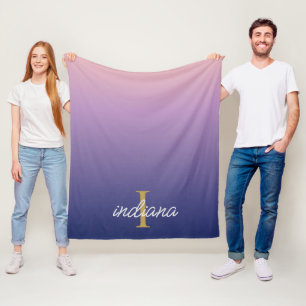 Monogram Purple Ombre Stylish Script Name Fleece Blanket
