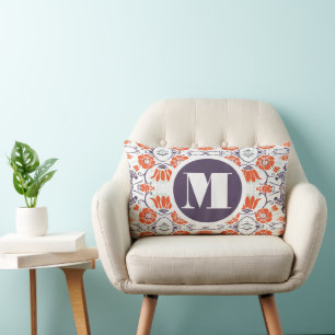 Monogram Purple Orange Mint Modern Floral Pillow