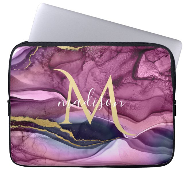Monogram Purple Pink and Gold Agate Geode Laptop Sleeve (Front)
