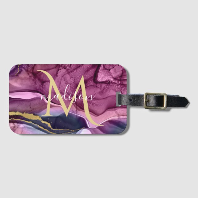 Monogram Purple Pink and Gold Agate Geode Luggage Tag (Front Horizontal)