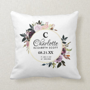 Monogram Purple Pink Floral Birth Stats Cushion