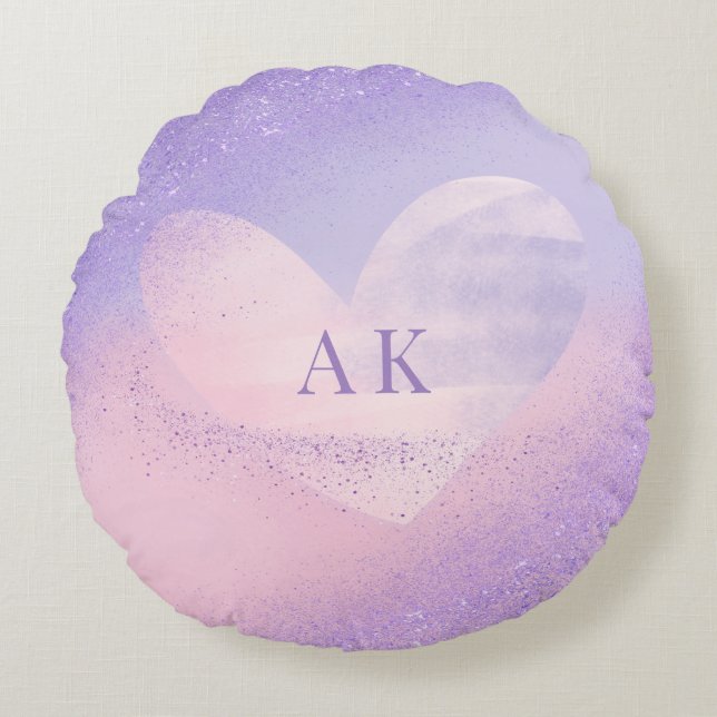 Monogram Purple Pink Gradient Heart Round Cushion (Front)