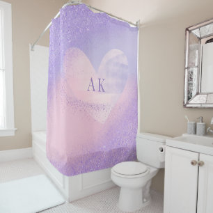 Monogram Purple Pink Gradient Heart  Shower Curtain