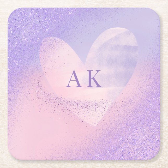 Monogram Purple Pink Gradient Heart  Square Paper Coaster (Front)