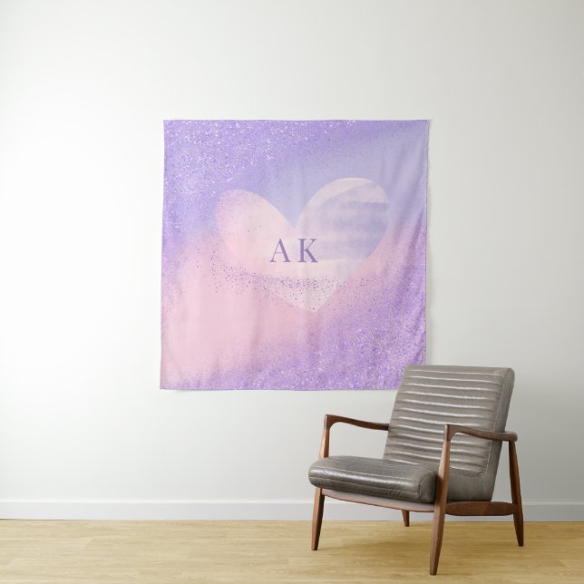 Monogram Purple Pink Gradient Heart  Tapestry (In Situ)