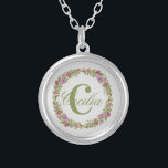 Monogram Purple Pink Green Floral Gift Her Silver Plated Necklace<br><div class="desc">Personalise this Round Silver Necklace with your last name or first name and your initial.  You are able to change the font or the colour of the text.</div>
