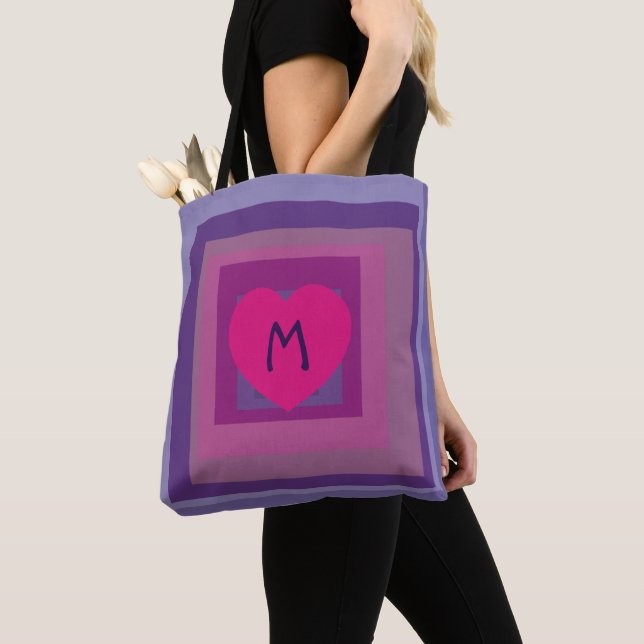 Monogram Purple Pink Heart Lavender Square Pattern Tote Bag (Close Up)
