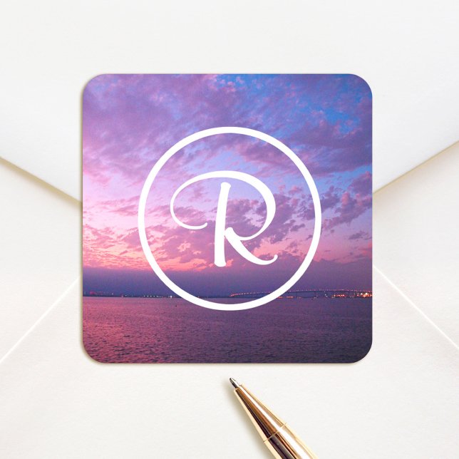 Monogram purple pink ocean sunset photography bold square sticker (Creator Uploaded)