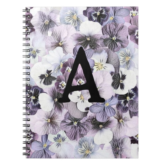 Monogram purple pink pansies vintage drawing  notebook (Front)