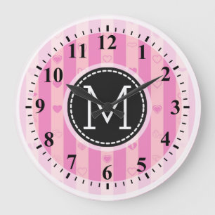 Monogram Purple Pink Stripes Modern Heart Pattern Large Clock