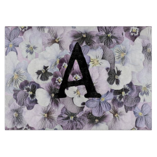 Monogram Purple Pink White Pansies Vintage Drawing Cutting Board