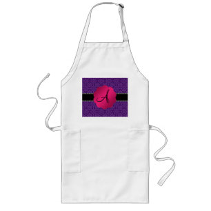 Monogram purple retro flowers and circles long apron