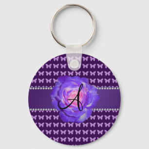 Monogram purple roses butterflies key ring