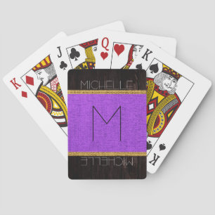 Monogram Purple Rustic Burlap Wood Look Playing Cards