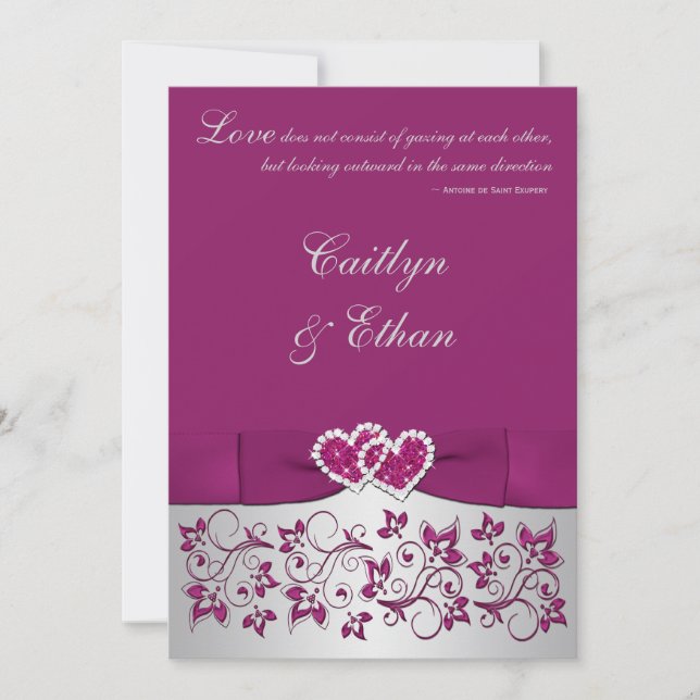 Monogram Purple, Silver Floral Wedding Invitation (Front)