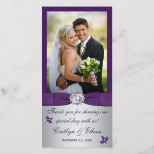 Monogram Purple, Silver Floral Wedding Photo Card