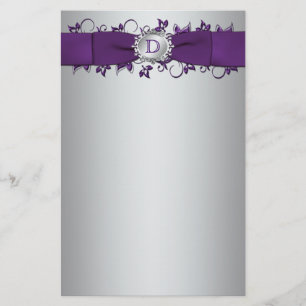 Monogram Purple, Silver Floral Wedding Stationery