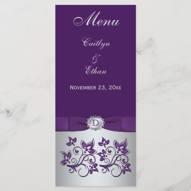 Monogram Purple, Silver Grey Floral Menu Card (Front)