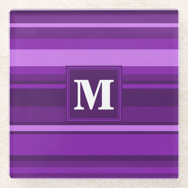 Monogram purple stripes glass coaster (Front)