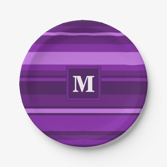 Monogram purple stripes paper plate (Front)