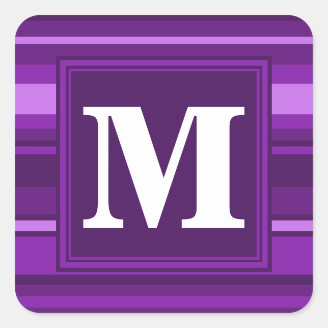 Monogram purple stripes square sticker (Front)