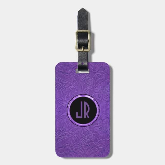 Monogram Purple Suede Leather Floral Design Luggage Tag (Front Vertical)