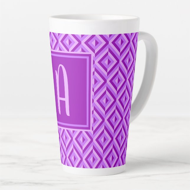 Monogram Purple Three-Tone Diamond Pattern Latte Mug (Right Angle)