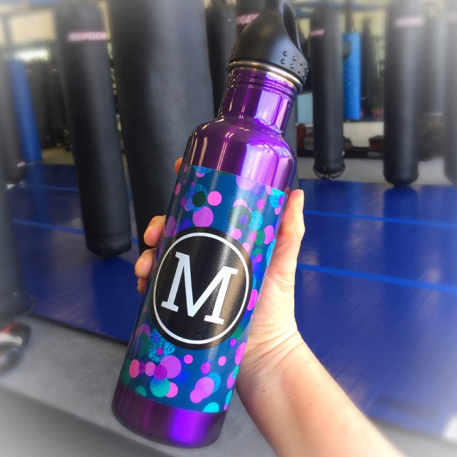 Monogram purple turquoise blue confetti dots bold 710 ml water bottle (Creator Uploaded)